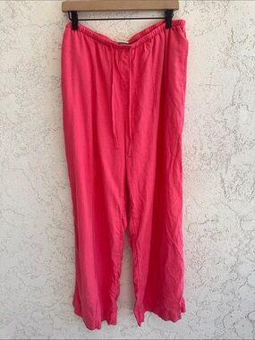 Women’s coral salmon melon pink drawstring linen tie pants size Large